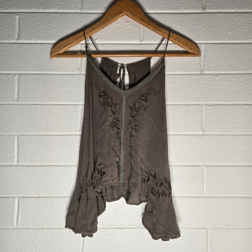 Alythea Embroidered Neutral Tank Top Small Brown Oversize Boho Ruffle Hem Hippie